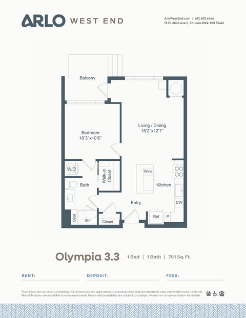 Floor plan for 1 bed, 1 bath, 701 sqft